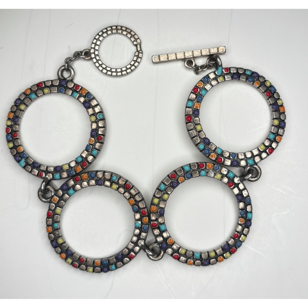1990s Silver Tone Mosaic Enamel Circle Link Bracelet Multi Color Toggle Clasp